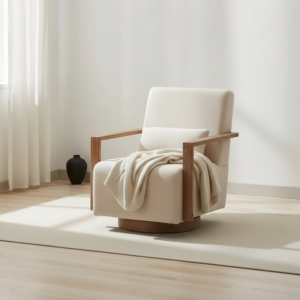 Fauteuil d'appoint moderne pivotant 30,3 W avec accoudoirs en bois massif