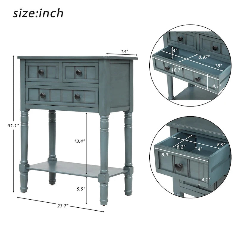 Console étroite Table de canapé mince avec 3 tiroirs et étagère inférieure