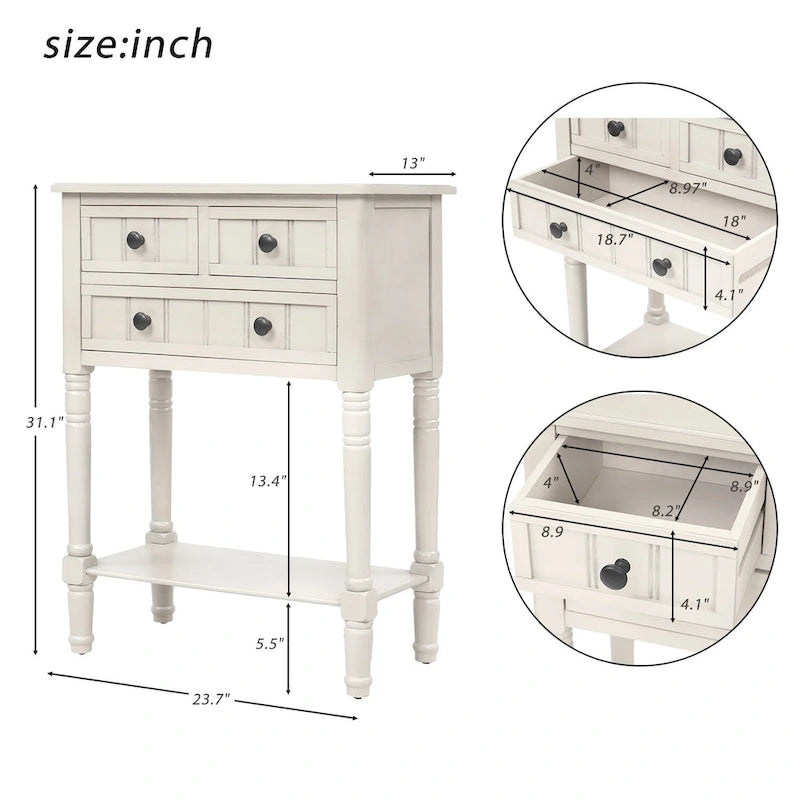 Console étroite Table de canapé mince avec 3 tiroirs et étagère inférieure