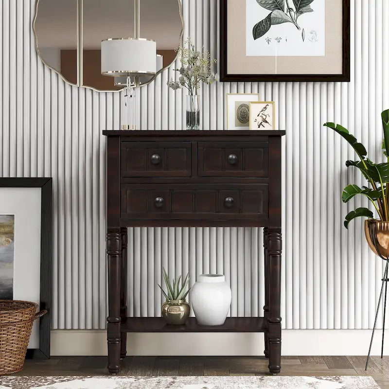 Console étroite Table de canapé mince avec 3 tiroirs et étagère inférieure