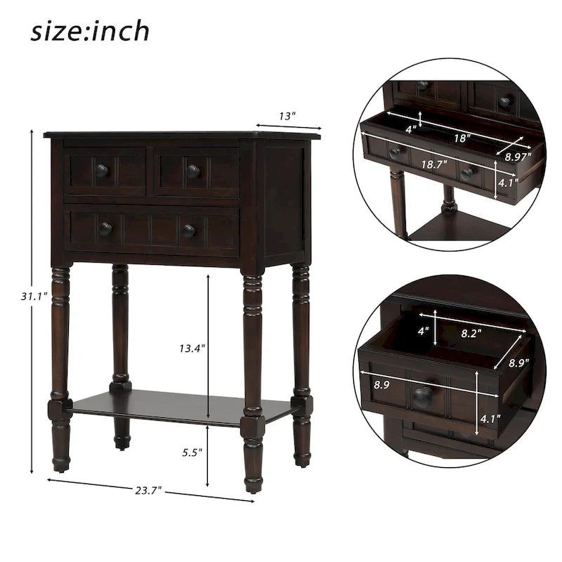 Console étroite Table de canapé mince avec 3 tiroirs et étagère inférieure