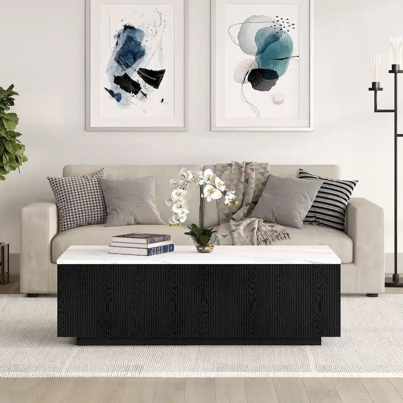 Table basse rectangulaire de 122 cm de large avec plateau en faux marbre - 120,6 cm de large