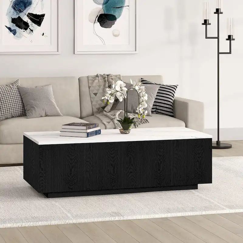 Table basse rectangulaire de 122 cm de large avec plateau en faux marbre - 120,6 cm de large