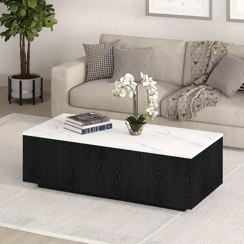 Table basse rectangulaire de 122 cm de large avec plateau en faux marbre - 120,6 cm de large