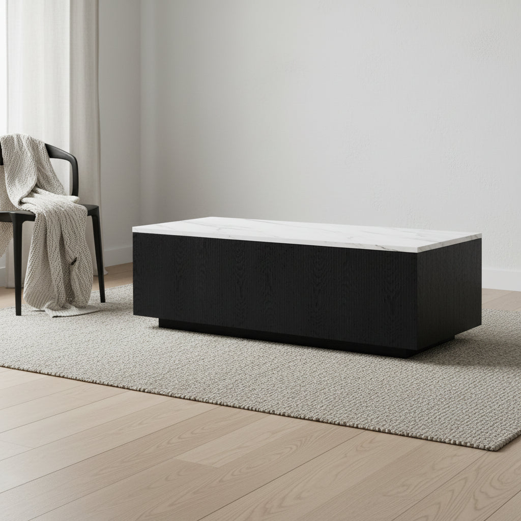 Table basse rectangulaire de 122 cm de large avec plateau en faux marbre - 120,6 cm de large