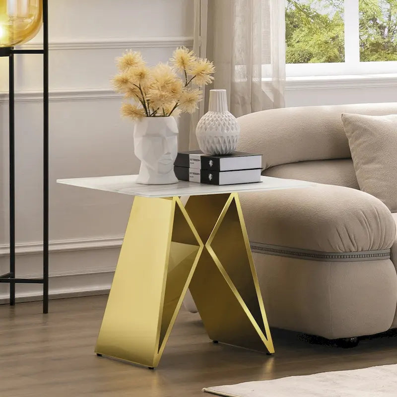 Table d'appoint en verre trempé blanc de 24 pouces avec base en M en miroir