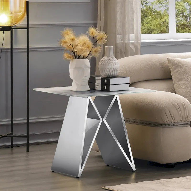 Table d'appoint en verre trempé blanc de 24 pouces avec base en M en miroir