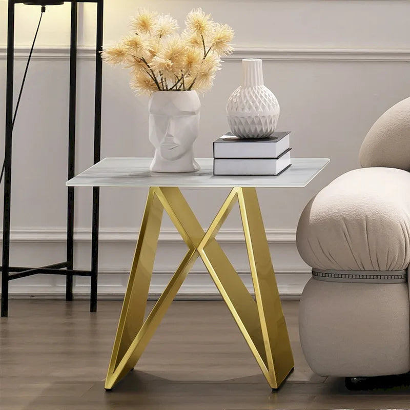 Table d'appoint en verre trempé blanc de 24 pouces avec base en M en miroir