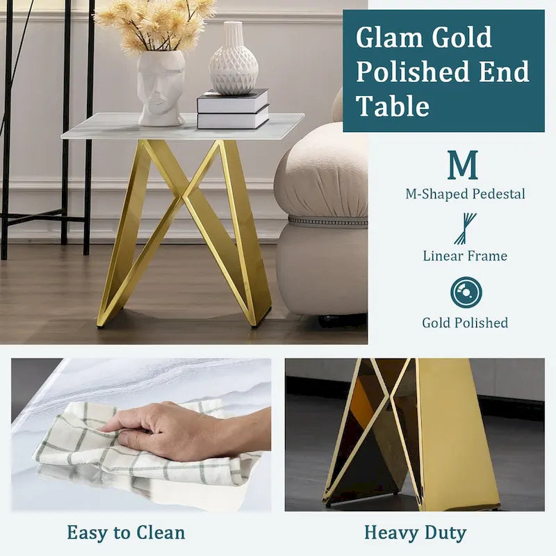 Table d'appoint en verre trempé blanc de 24 pouces avec base en M en miroir