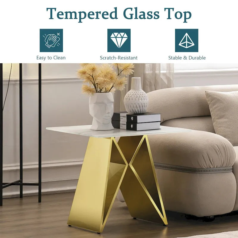 Table d'appoint en verre trempé blanc de 24 pouces avec base en M en miroir