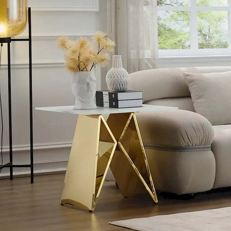 Table d'appoint en verre trempé blanc de 24 pouces avec base en M en miroir