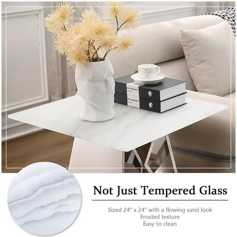 Table d'appoint en verre trempé blanc de 24 pouces avec base en M en miroir