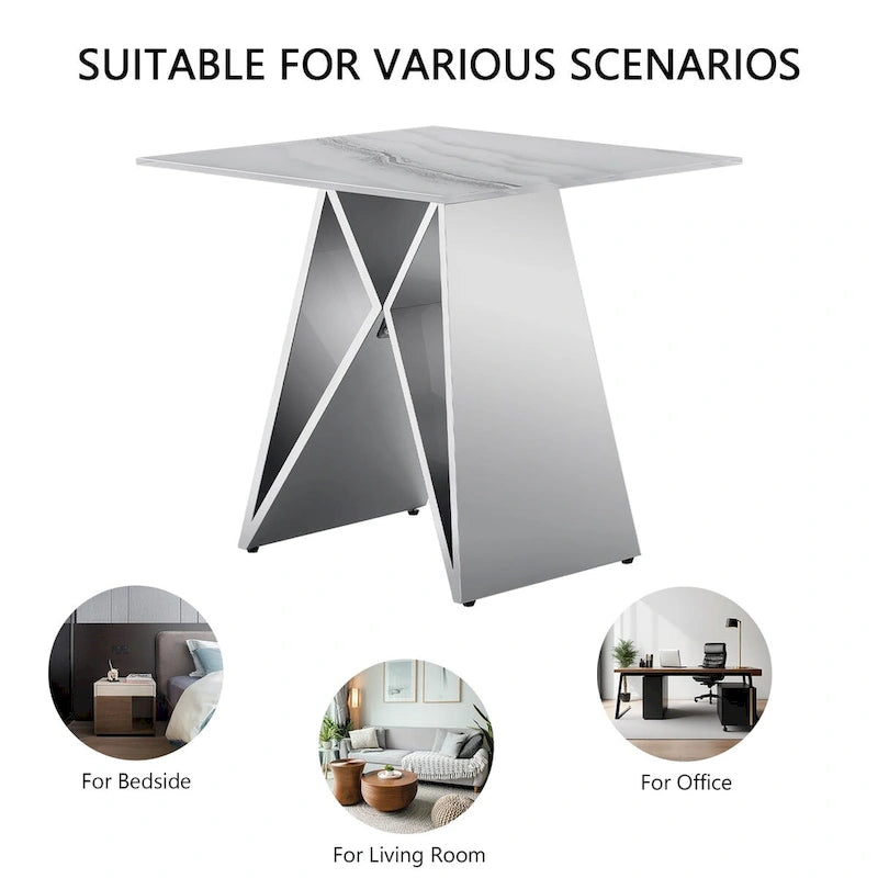 Table d'appoint en verre trempé blanc de 24 pouces avec base en M en miroir