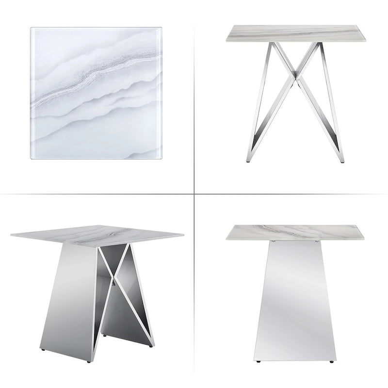 Table d'appoint en verre trempé blanc de 24 pouces avec base en M en miroir