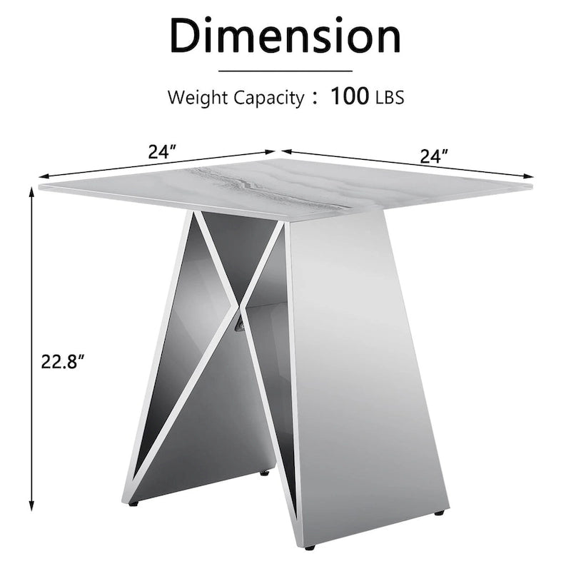 Table d'appoint en verre trempé blanc de 24 pouces avec base en M en miroir