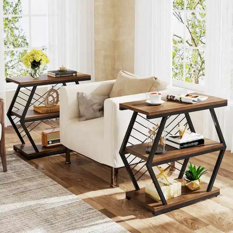25 Table d'appoint à 3 niveaux avec cadre en métal pour salon à côté du canapé, tables de chevet pour chambre à coucher