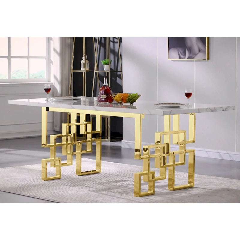 Table à manger de 78 pouces en faux marbre avec piètement géométrique en métal