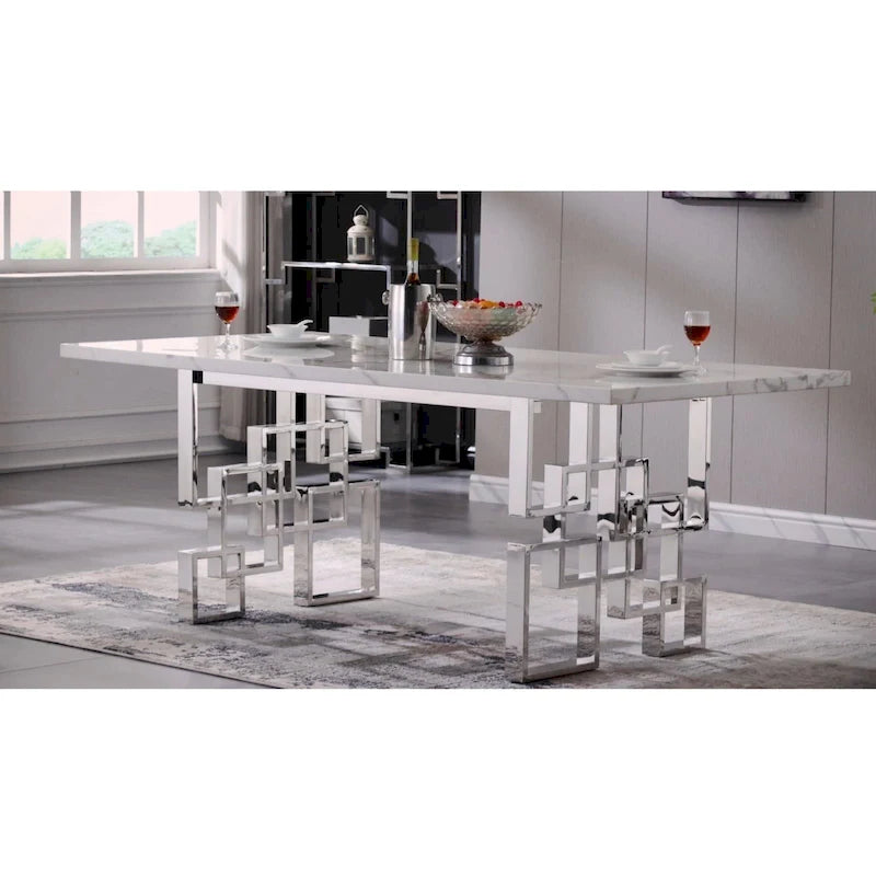 Table à manger de 78 pouces en faux marbre avec piètement géométrique en métal