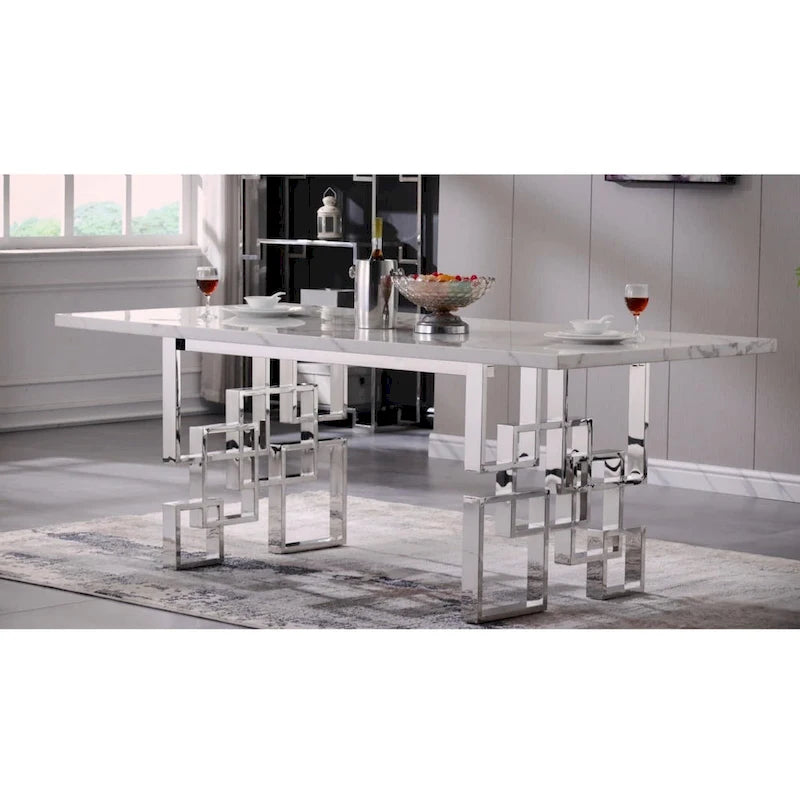 Table à manger de 78 pouces en faux marbre avec piètement géométrique en métal