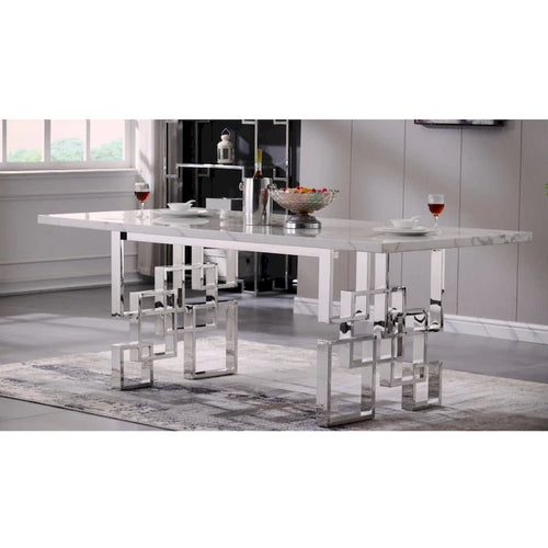 Table à manger de 78 pouces en faux marbre avec piètement géométrique en métal