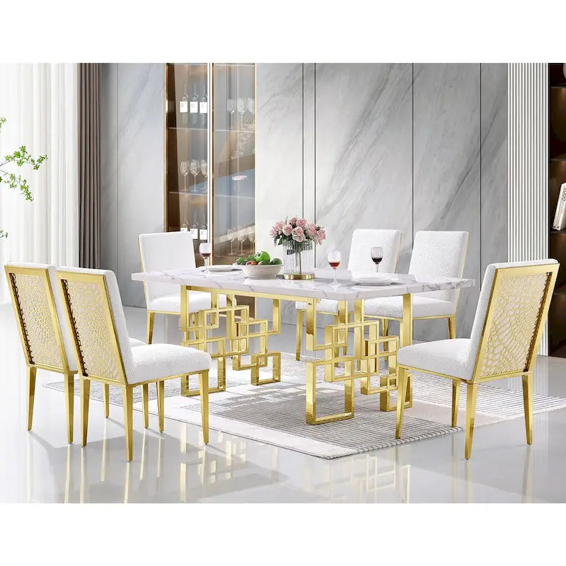 Table à manger de 78 pouces en faux marbre avec piètement géométrique en métal