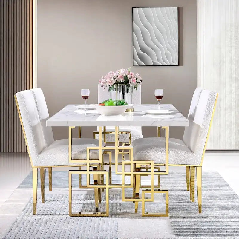 Table à manger de 78 pouces en faux marbre avec piètement géométrique en métal