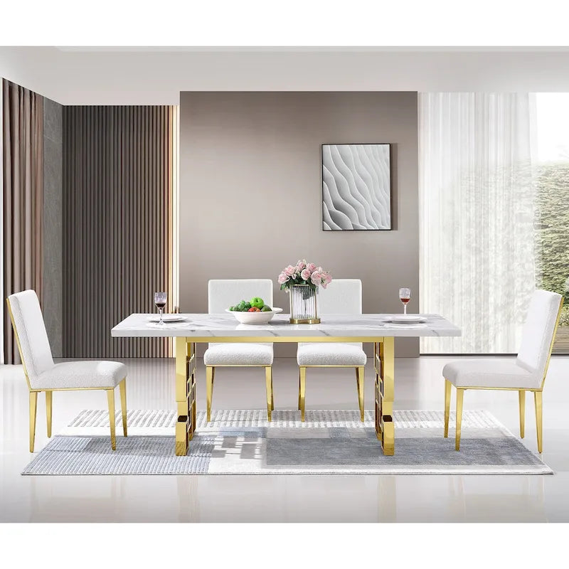 Table à manger de 78 pouces en faux marbre avec piètement géométrique en métal