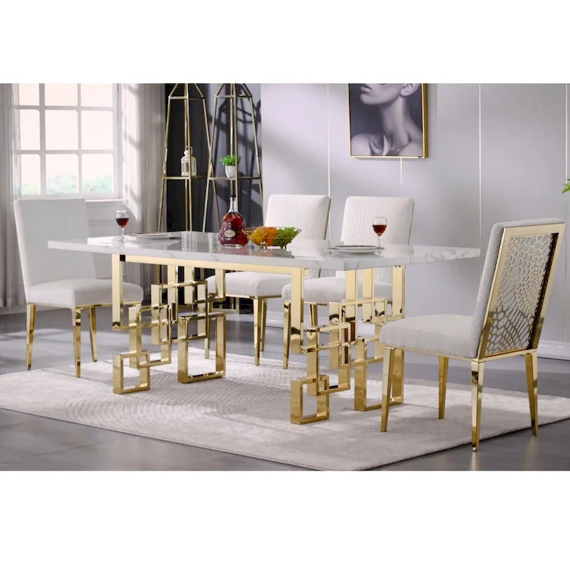 Table à manger de 78 pouces en faux marbre avec piètement géométrique en métal