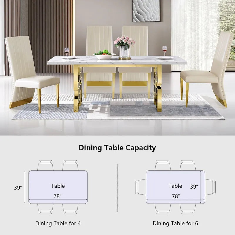 Table à manger de 78 pouces en faux marbre avec piètement géométrique en métal