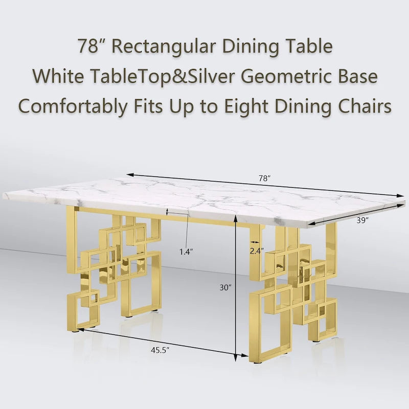 Table à manger de 78 pouces en faux marbre avec piètement géométrique en métal