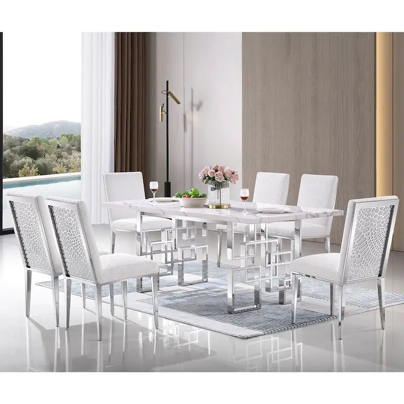 Table à manger de 78 pouces en faux marbre avec piètement géométrique en métal