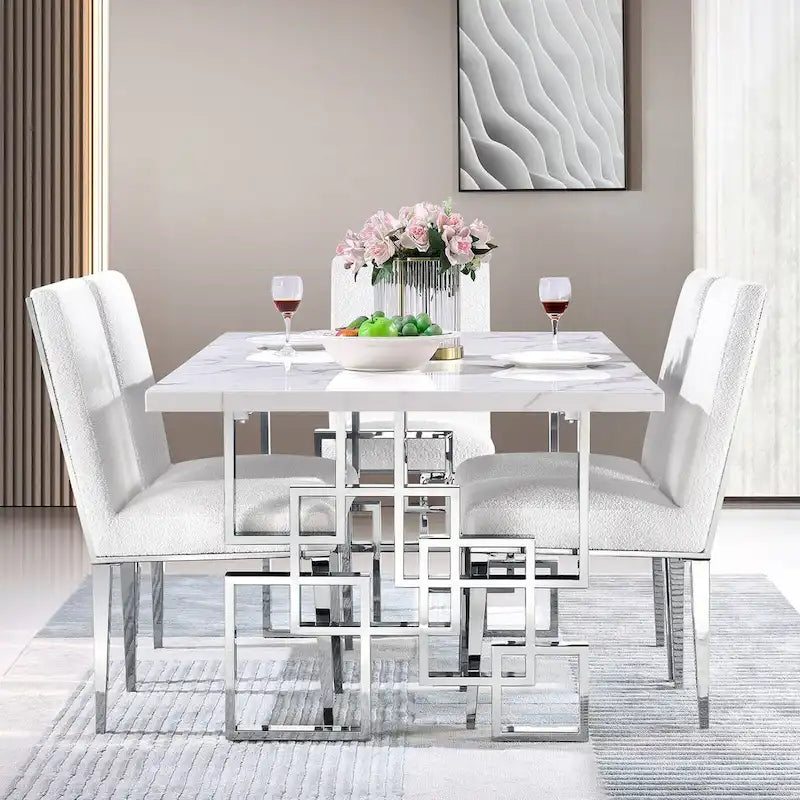 Table à manger de 78 pouces en faux marbre avec piètement géométrique en métal