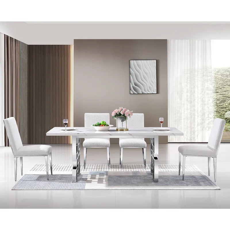 Table à manger de 78 pouces en faux marbre avec piètement géométrique en métal