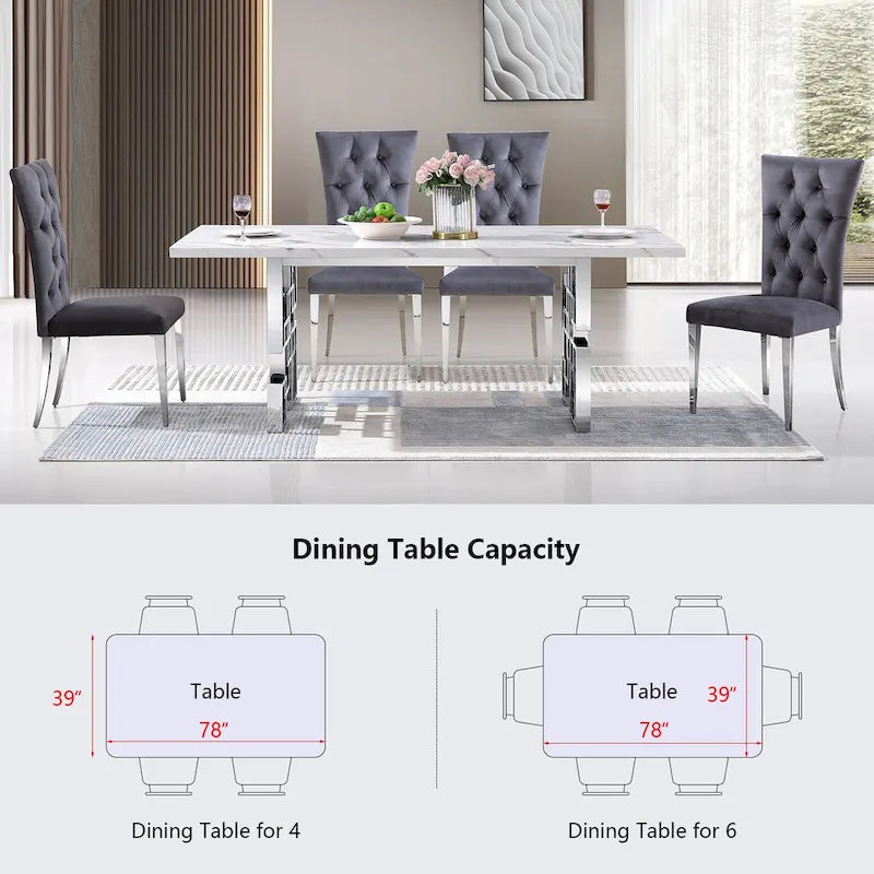 Table à manger de 78 pouces en faux marbre avec piètement géométrique en métal
