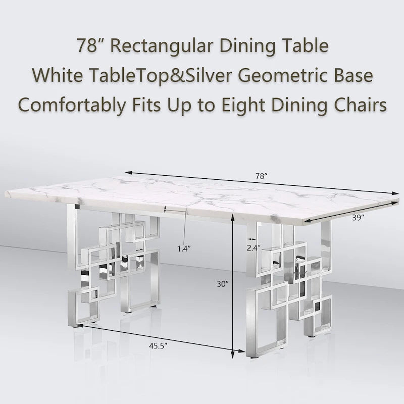Table à manger de 78 pouces en faux marbre avec piètement géométrique en métal