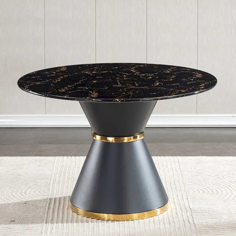 Table de salle à manger ronde imprimée en marbre noir, base colonnade noire avec anneau doré (chaises non comprises)