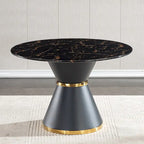 Table de salle à manger ronde imprimée en marbre noir, base colonnade noire avec anneau doré (chaises non comprises)