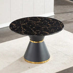 Table de salle à manger ronde imprimée en marbre noir, base colonnade noire avec anneau doré (chaises non comprises)