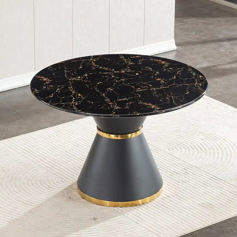 Table de salle à manger ronde imprimée en marbre noir, base colonnade noire avec anneau doré (chaises non comprises)