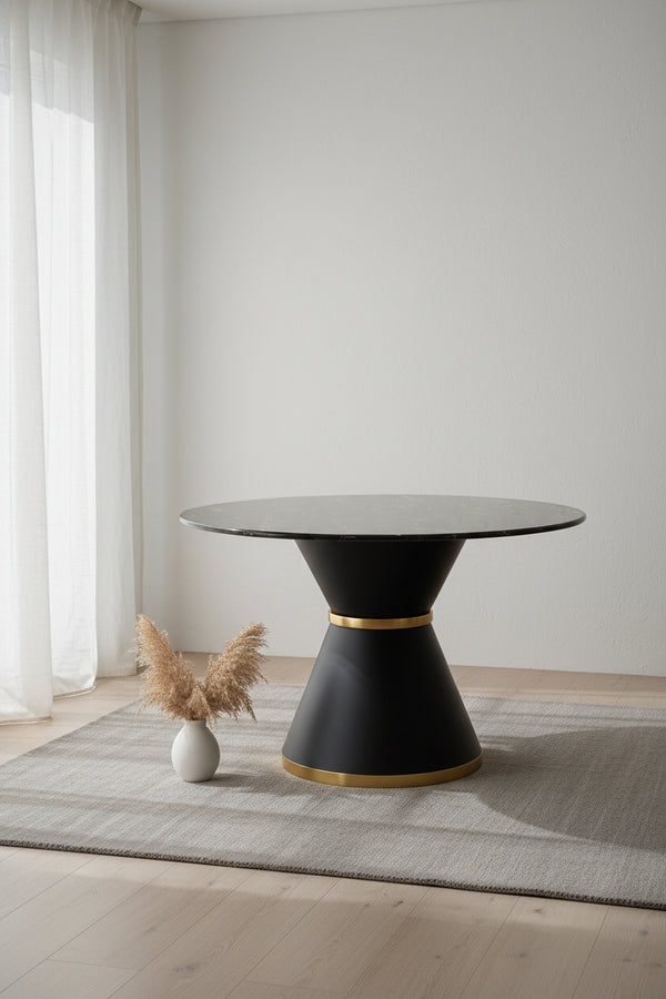 Table de salle à manger ronde imprimée en marbre noir, base colonnade noire avec anneau doré (chaises non comprises)