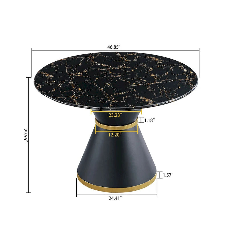 Table de salle à manger ronde imprimée en marbre noir, base colonnade noire avec anneau doré (chaises non comprises)