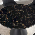 Table de salle à manger ronde imprimée en marbre noir, base colonnade noire avec anneau doré (chaises non comprises)