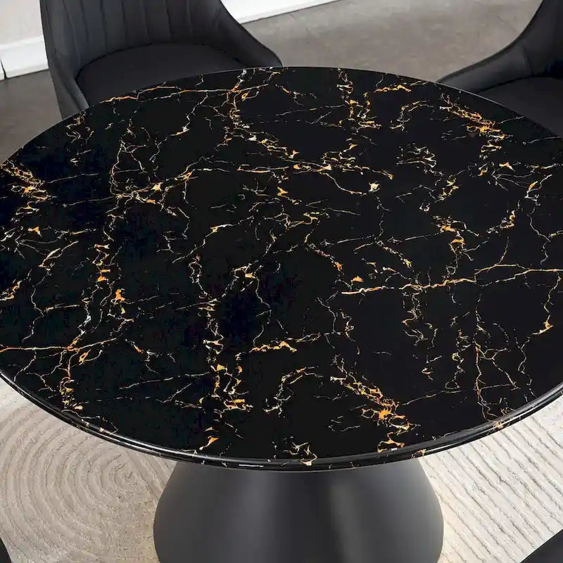 Table de salle à manger ronde imprimée en marbre noir, base colonnade noire avec anneau doré (chaises non comprises)