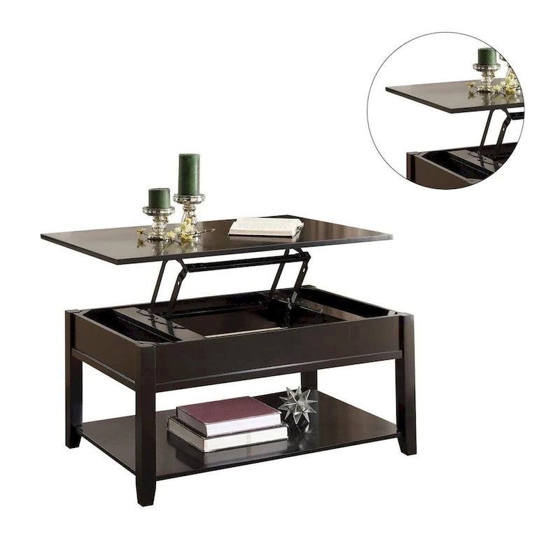 Table basse en bois avec plateau relevable, couleur noire