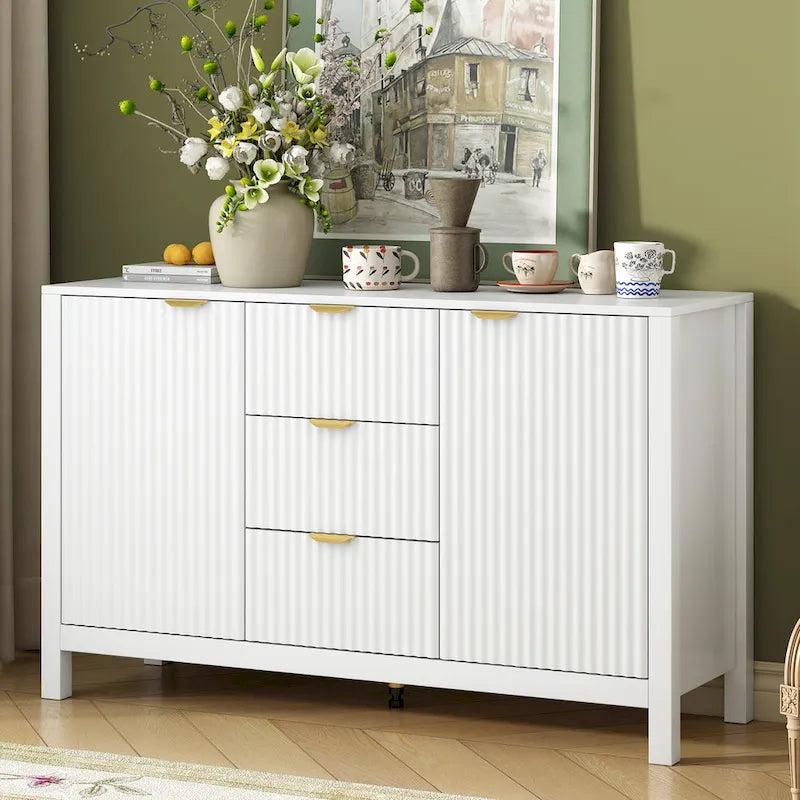 Meuble d'entrée moderne à design ondulé avec 3 étagères réglables, Console de rangement à 2 portes avec 3 tiroirs