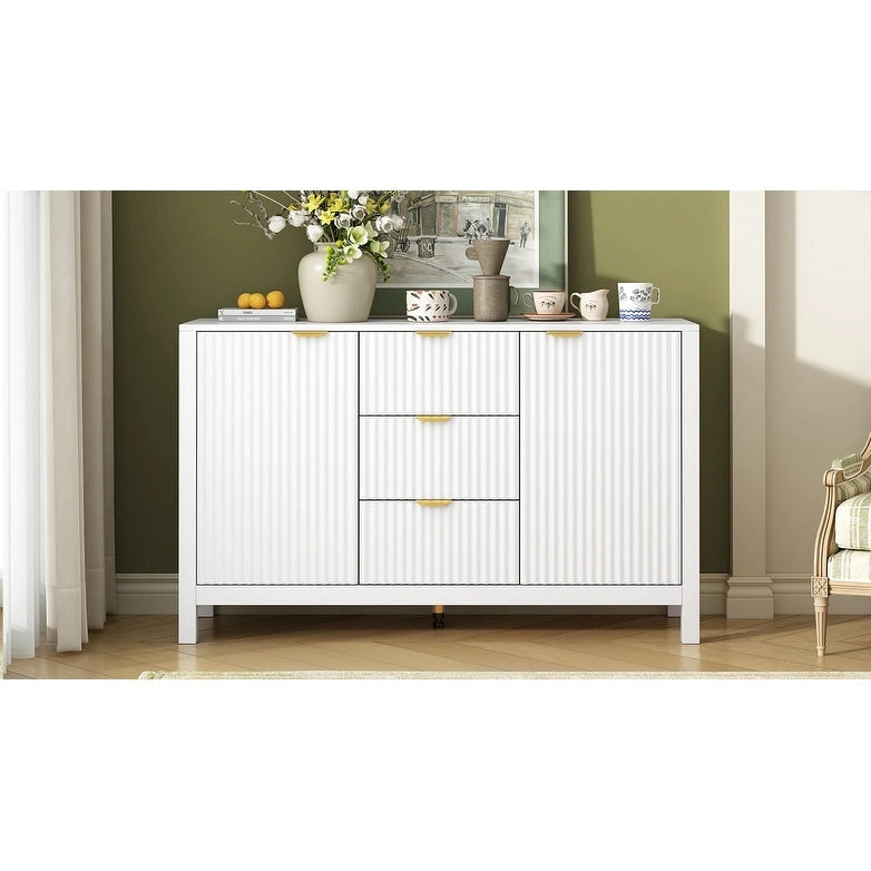 Meuble d'entrée moderne à design ondulé avec 3 étagères réglables, Console de rangement à 2 portes avec 3 tiroirs