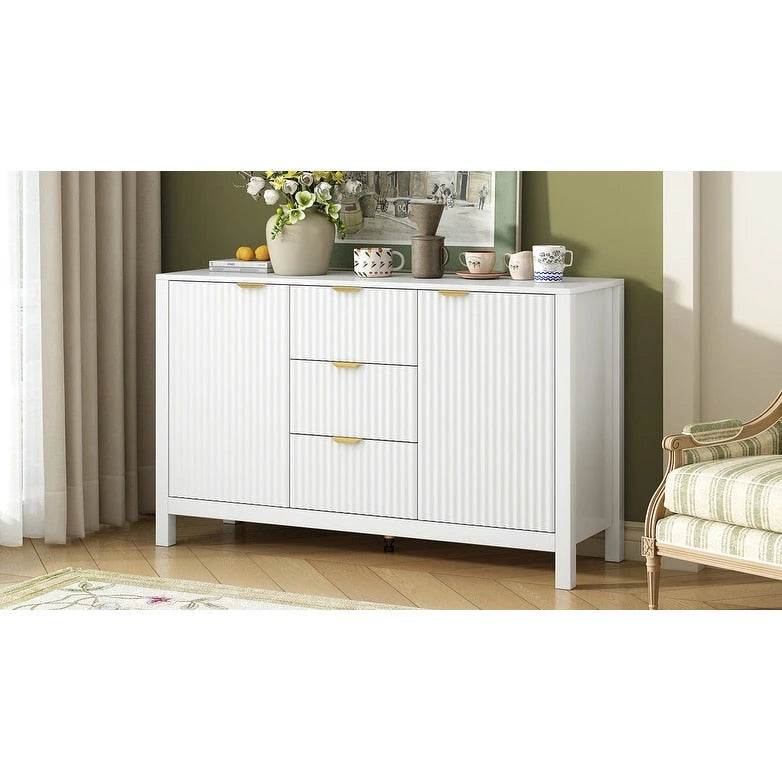 Meuble d'entrée moderne à design ondulé avec 3 étagères réglables, Console de rangement à 2 portes avec 3 tiroirs