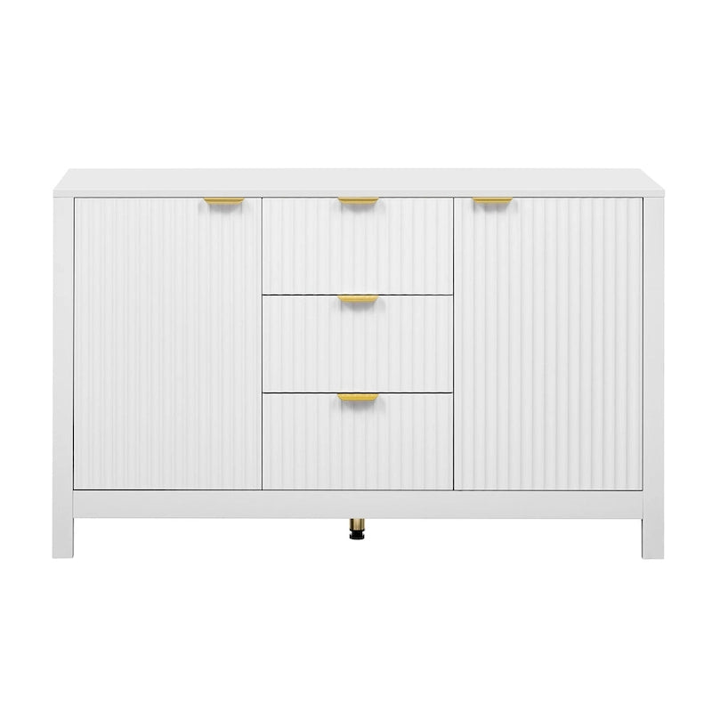 Meuble d'entrée moderne à design ondulé avec 3 étagères réglables, Console de rangement à 2 portes avec 3 tiroirs