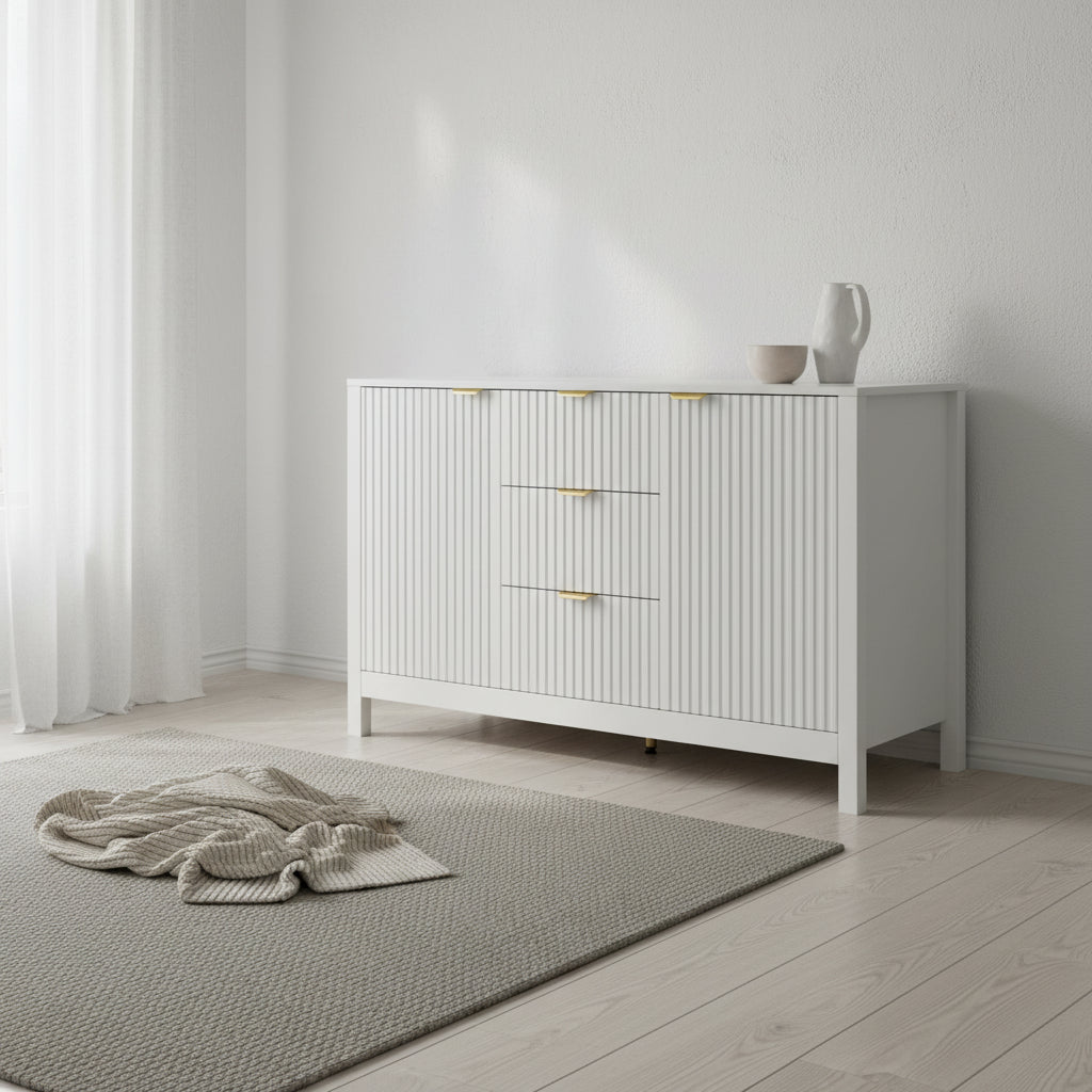 Meuble d'entrée moderne à design ondulé avec 3 étagères réglables, Console de rangement à 2 portes avec 3 tiroirs