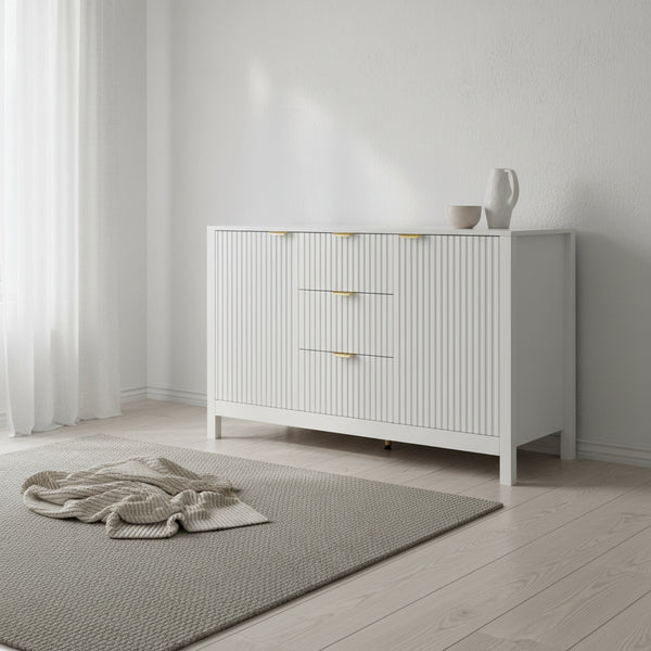 Meuble d'entrée moderne à design ondulé avec 3 étagères réglables, Console de rangement à 2 portes avec 3 tiroirs
